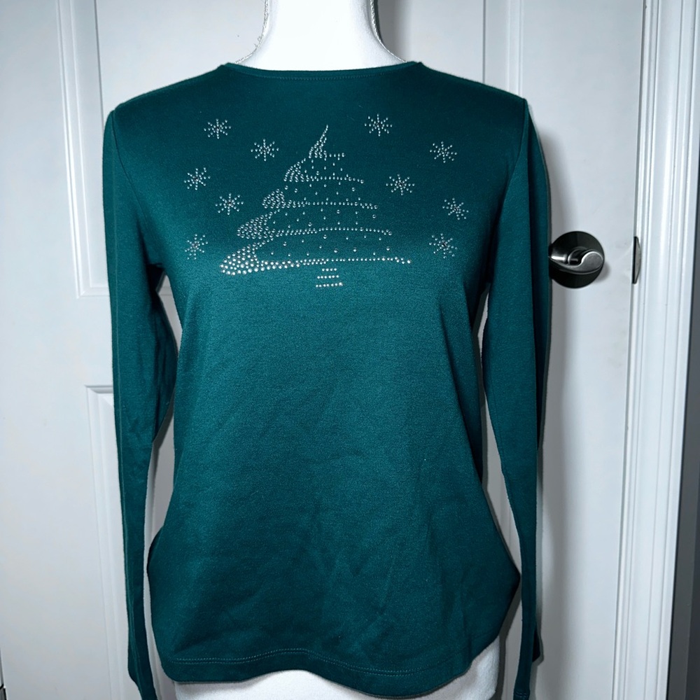 Croft & Barrow Green Rhinestone Christmas Tree Long Sleeve Top Small